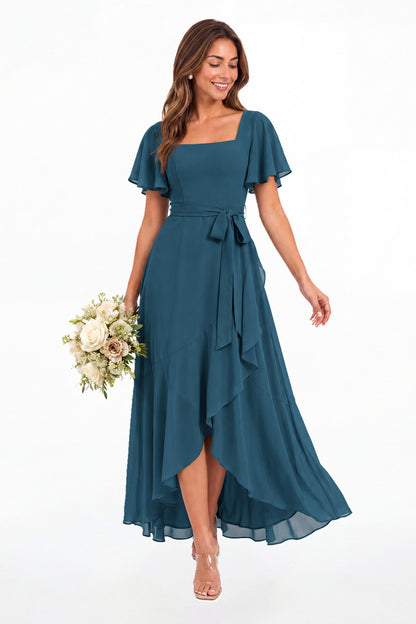 Teal Flutter Sleeve Lace-Up Back Chiffon Maxi Dress - Front View