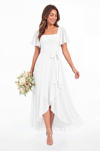 White Flutter Sleeve Lace-Up Back Chiffon Maxi Dress - Front View