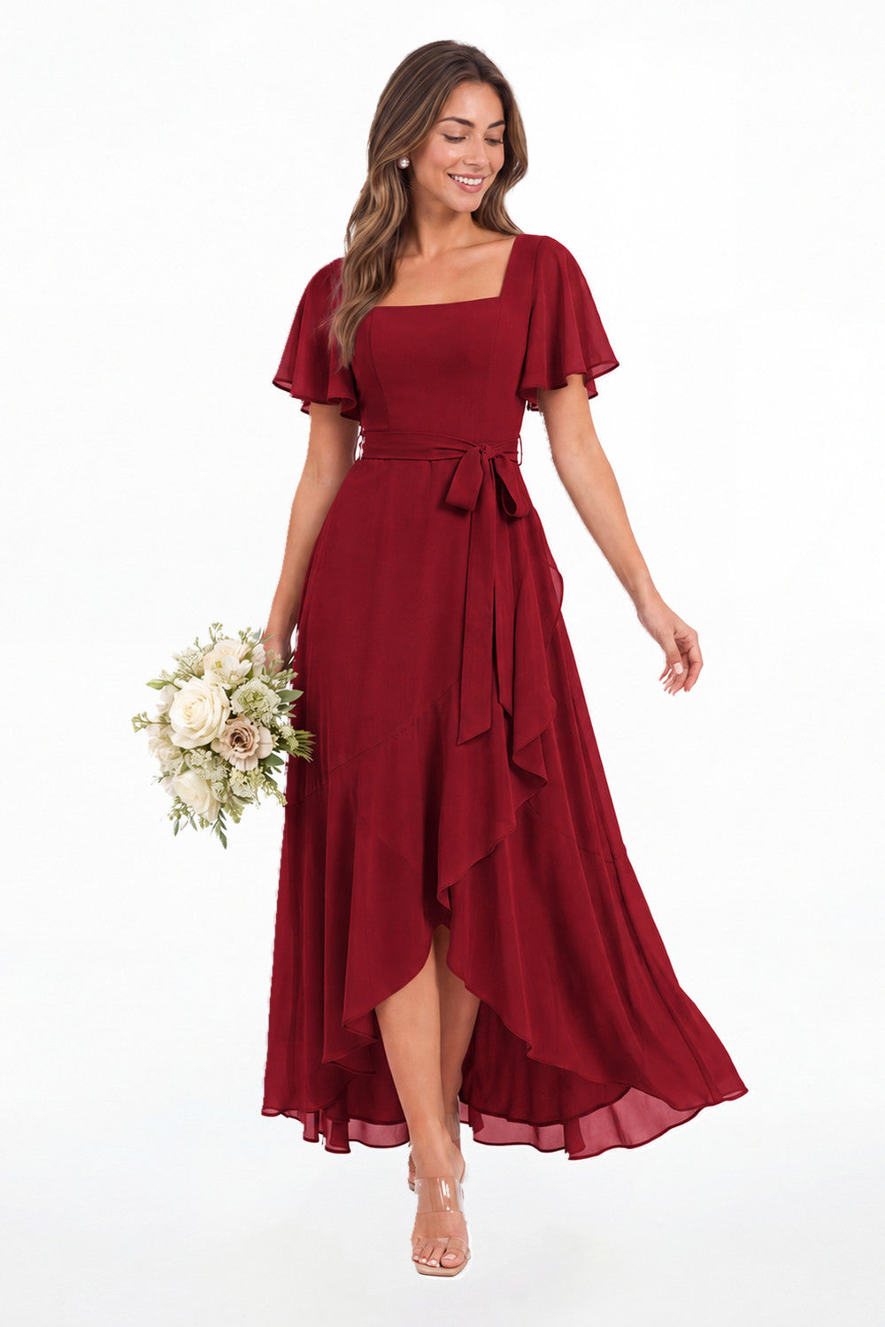 Wine Red Flutter Sleeve Lace-Up Back Chiffon Maxi Dress - Front View