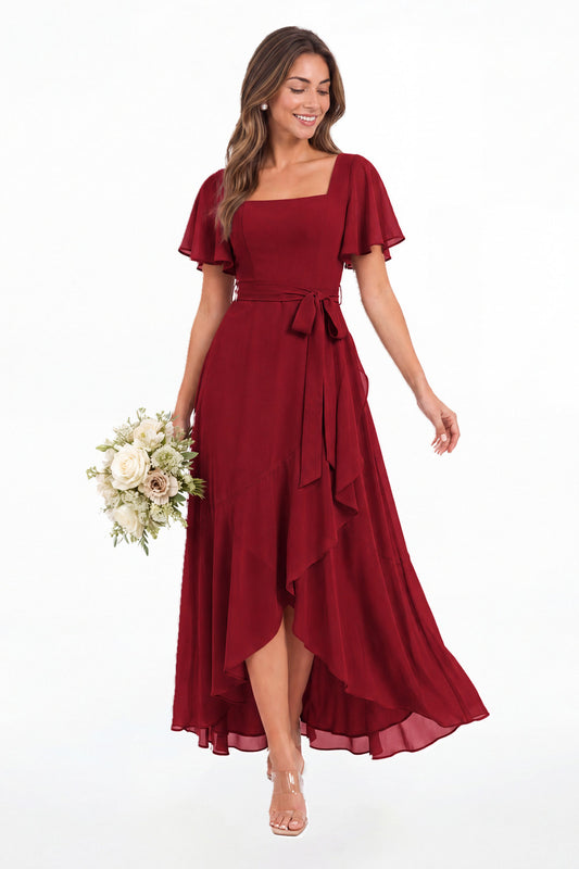 Wine Red Flutter Sleeve Lace-Up Back Chiffon Maxi Dress - Front View