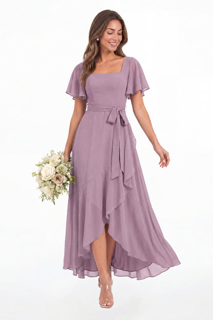 Wisteria Flutter Sleeve Lace-Up Back Chiffon Maxi Dress - Front View