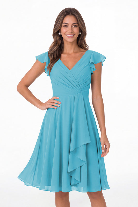 Aqua Blue V Neck Flutter Sleeve Chiffon Short Bridesmaid Dress - Front View