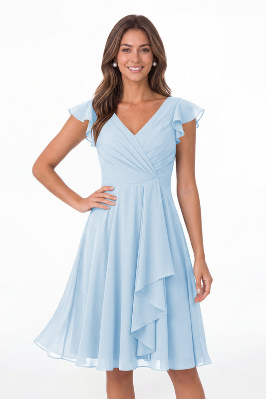 Baby Blue V Neck Flutter Sleeve Chiffon Short Bridesmaid Dress - Front View
