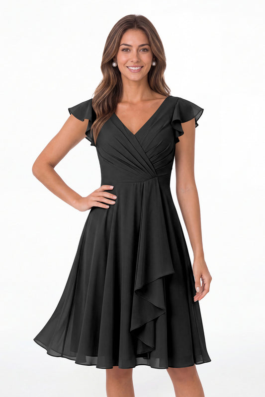 Black V Neck Flutter Sleeve Chiffon Short Bridesmaid Dress - Front View