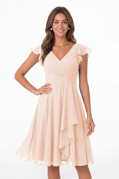 Blush Pink V Neck Flutter Sleeve Chiffon Short Bridesmaid Dress - Front View