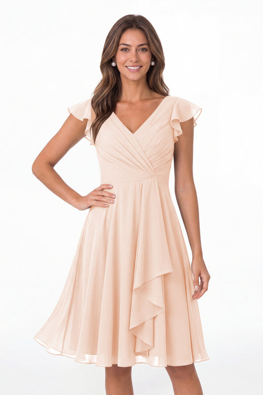 Blush Pink V Neck Flutter Sleeve Chiffon Short Bridesmaid Dress - Front View