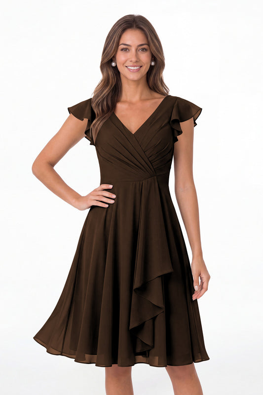 Brown V Neck Flutter Sleeve Chiffon Short Bridesmaid Dress - Front View