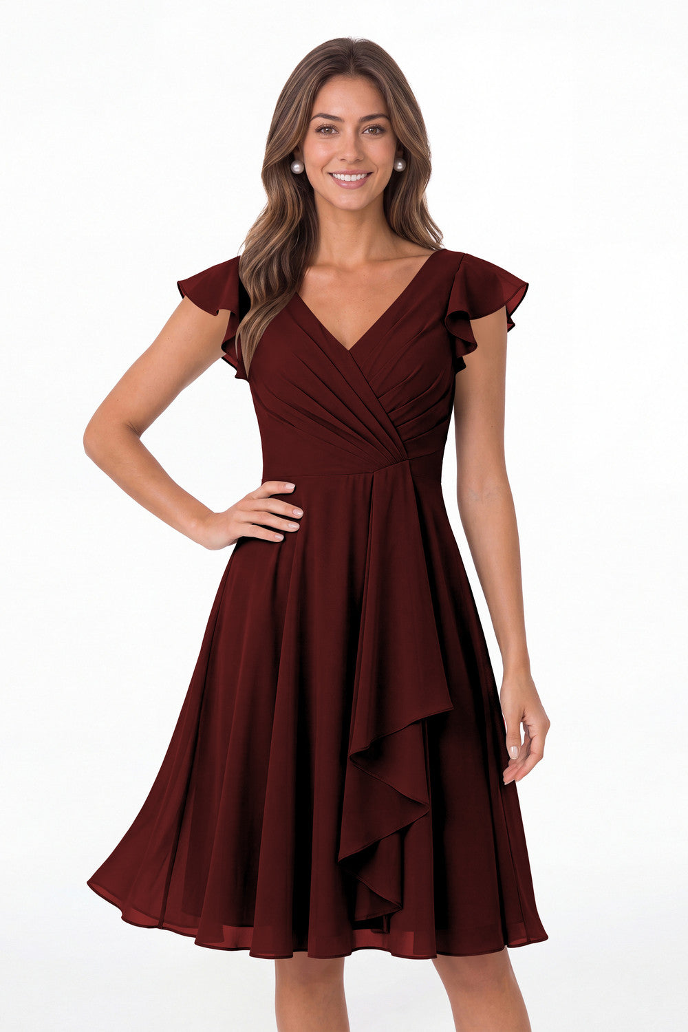 Burgundy V Neck Flutter Sleeve Chiffon Short Bridesmaid Dress - Front View