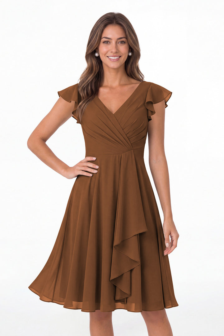 Burnt Orange V Neck Flutter Sleeve Chiffon Short Bridesmaid Dress - Front View