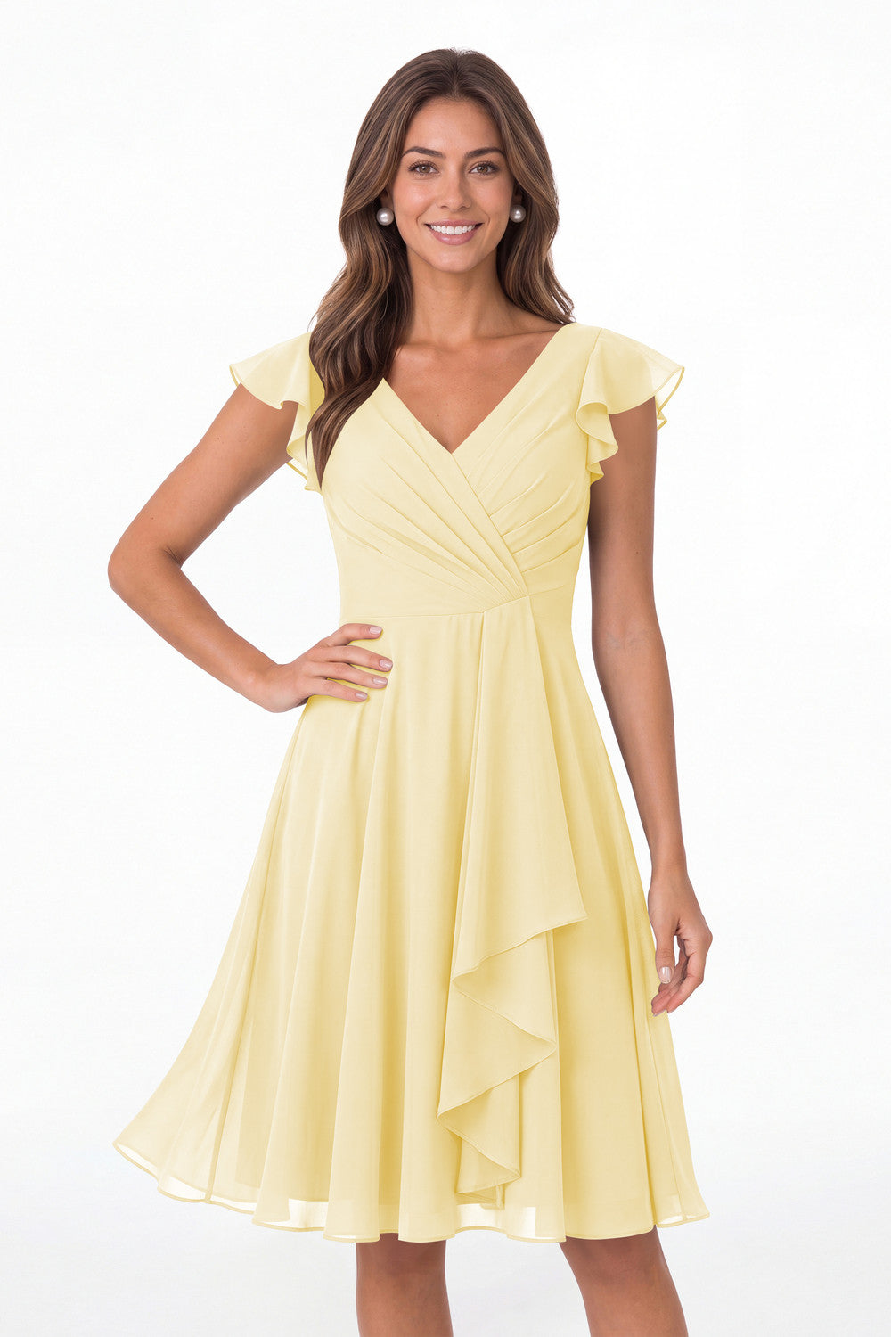 Butter Yellow V Neck Flutter Sleeve Chiffon Short Bridesmaid Dress - Front View