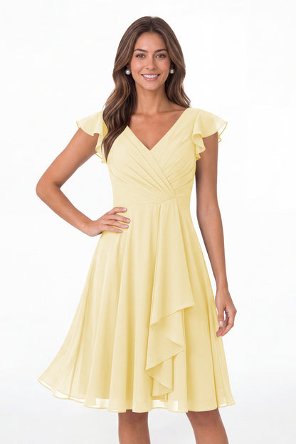 Butter Yellow V Neck Flutter Sleeve Chiffon Short Bridesmaid Dress - Front View