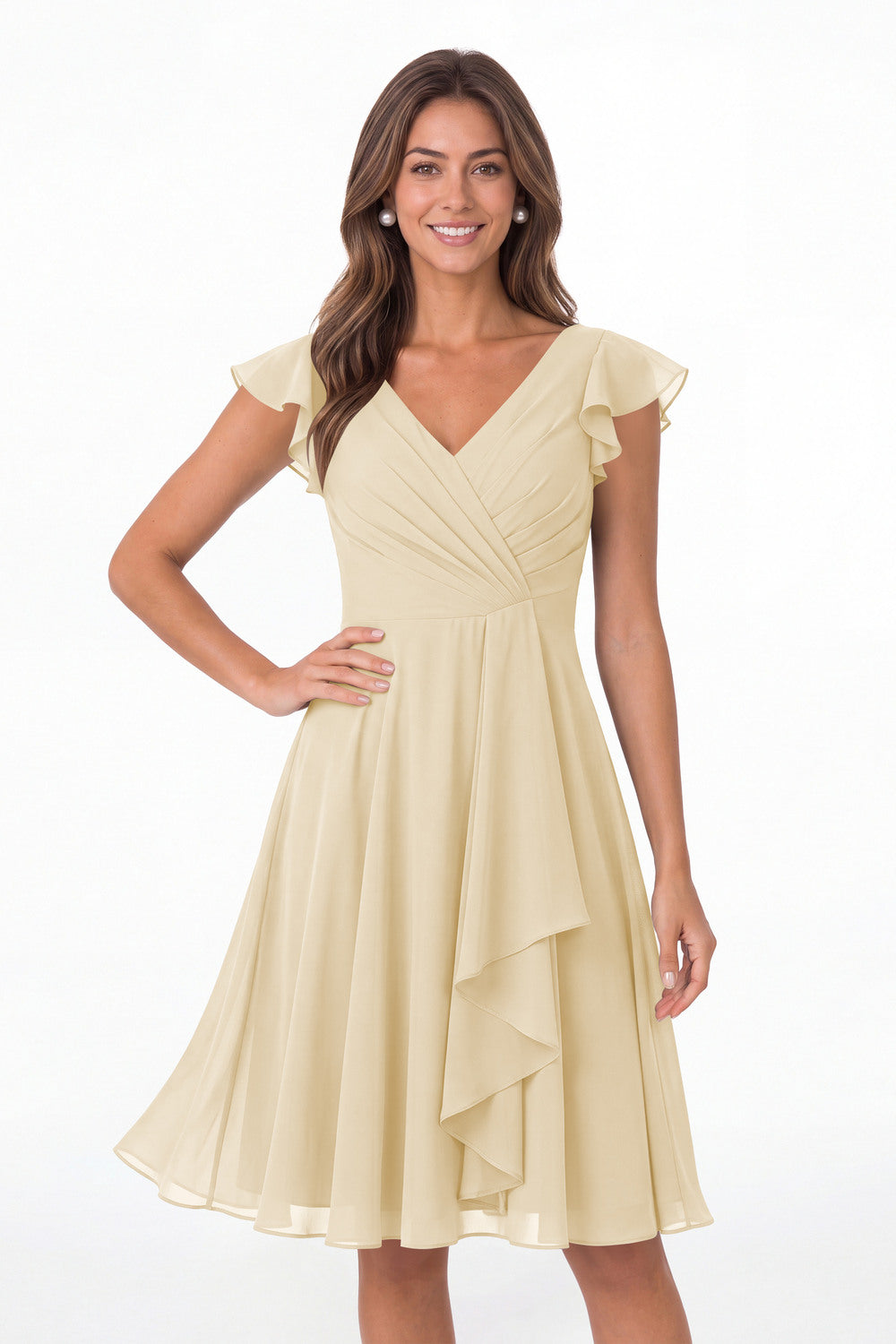 Champagne V Neck Flutter Sleeve Chiffon Short Bridesmaid Dress - Front View