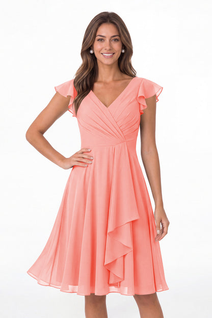 Coral V Neck Flutter Sleeve Chiffon Short Bridesmaid Dress - Front View