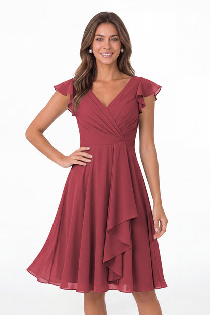Desert Rose V Neck Flutter Sleeve Chiffon Short Bridesmaid Dress - Front View