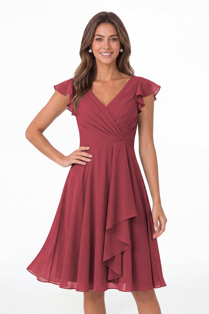 Desert Rose V Neck Flutter Sleeve Chiffon Short Bridesmaid Dress - Front View
