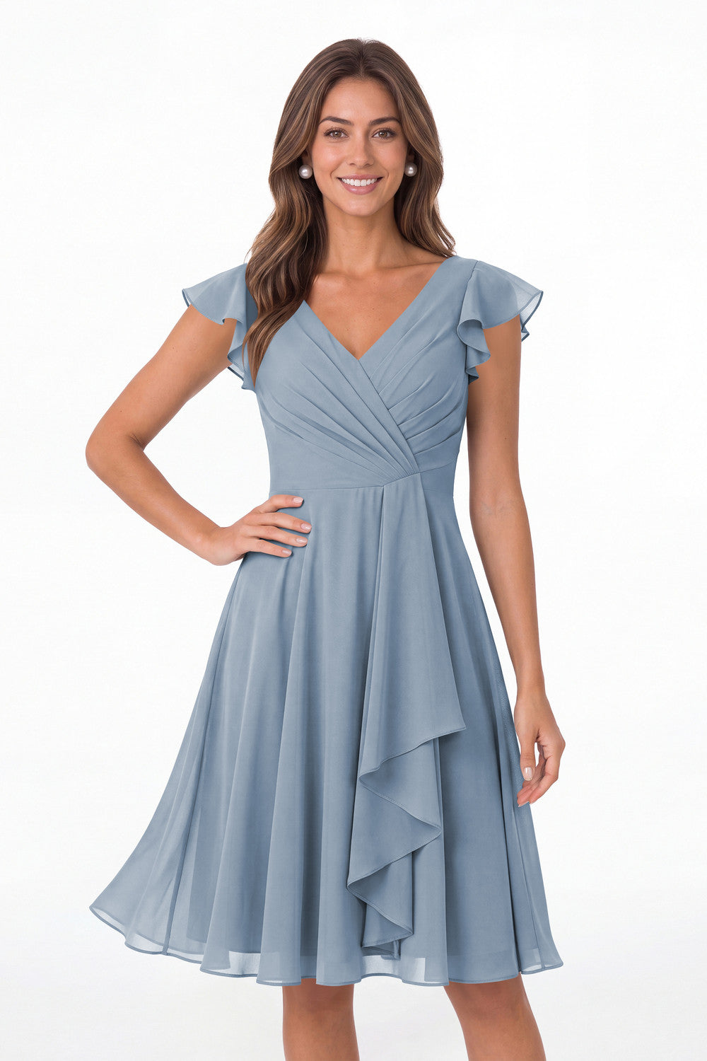 Dusty Blue V Neck Flutter Sleeve Chiffon Short Bridesmaid Dress - Front View