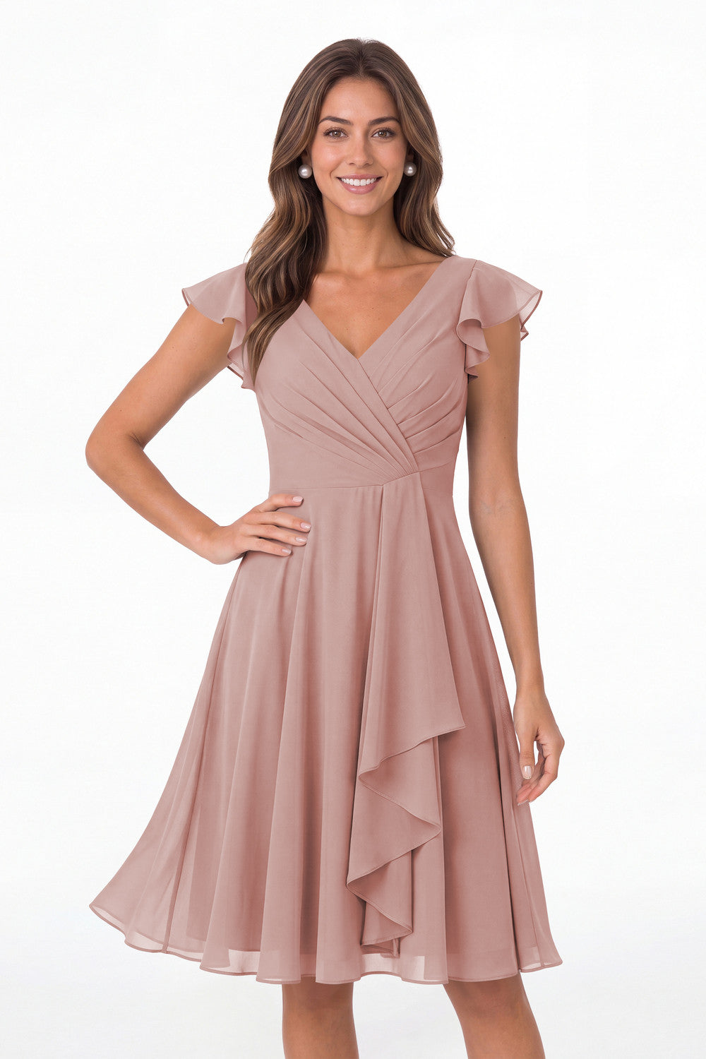 Dusty Rose V Neck Flutter Sleeve Chiffon Short Bridesmaid Dress - Front View