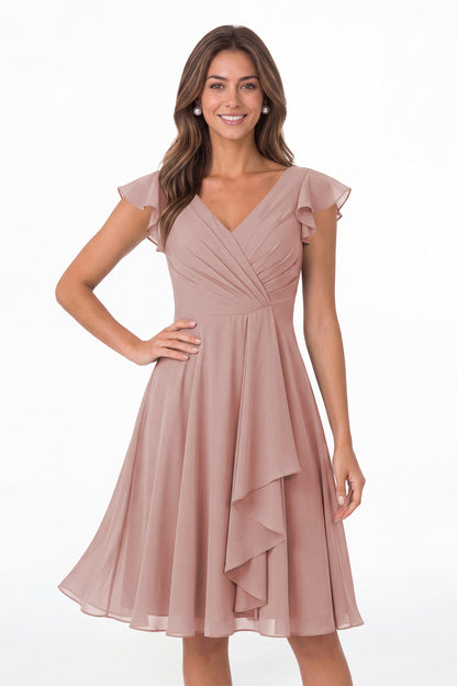 Dusty Rose V Neck Flutter Sleeve Chiffon Short Bridesmaid Dress - Front View