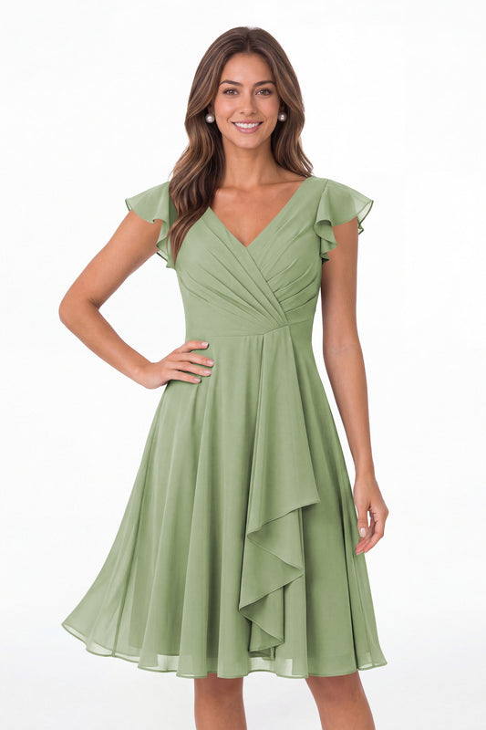 Dusty Sage V Neck Flutter Sleeve Chiffon Short Bridesmaid Dress - Front View