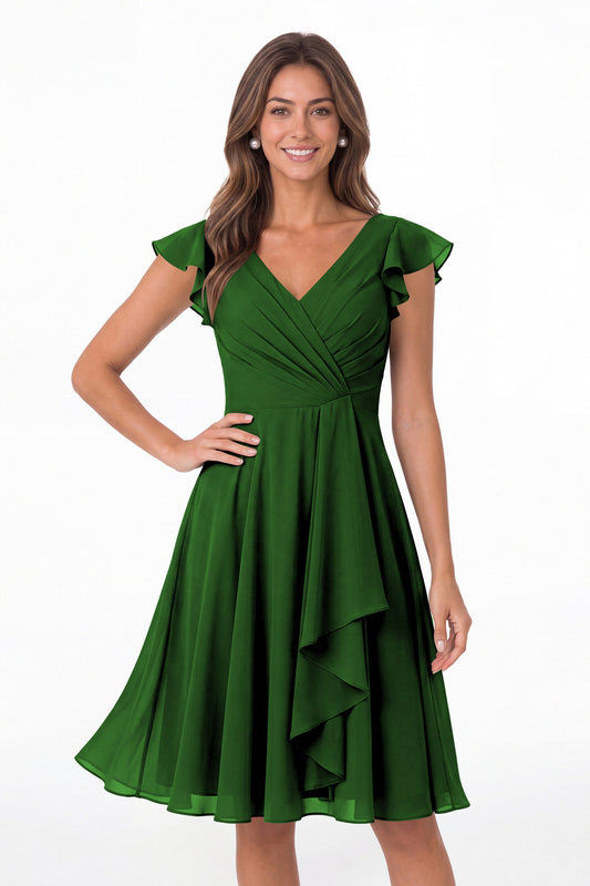 Emerald Green V Neck Flutter Sleeve Chiffon Short Bridesmaid Dress - Front View