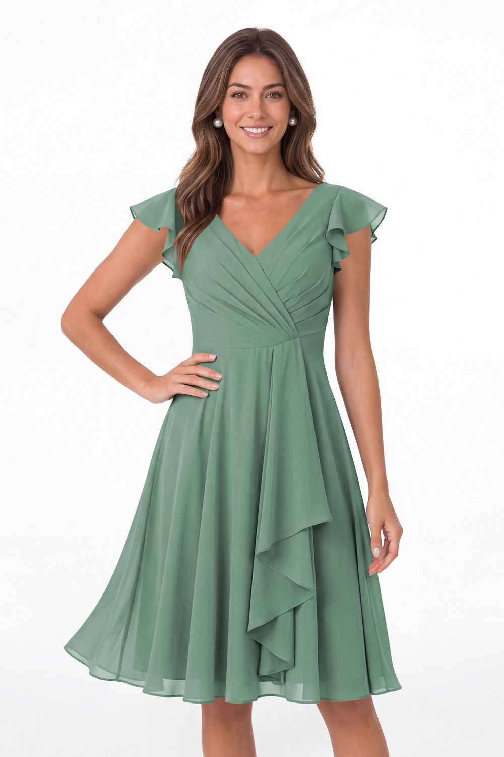 Eucalyptus V Neck Flutter Sleeve Chiffon Short Bridesmaid Dress - Front View