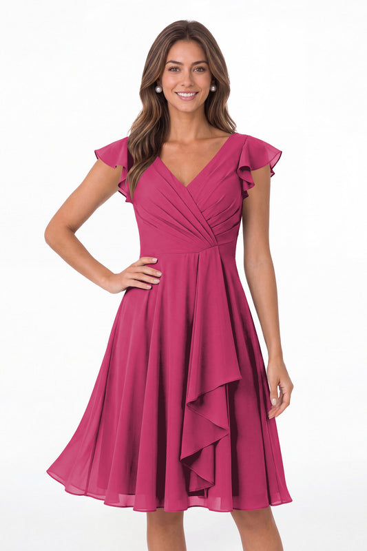 Fuchsia V Neck Flutter Sleeve Chiffon Short Bridesmaid Dress - Front View