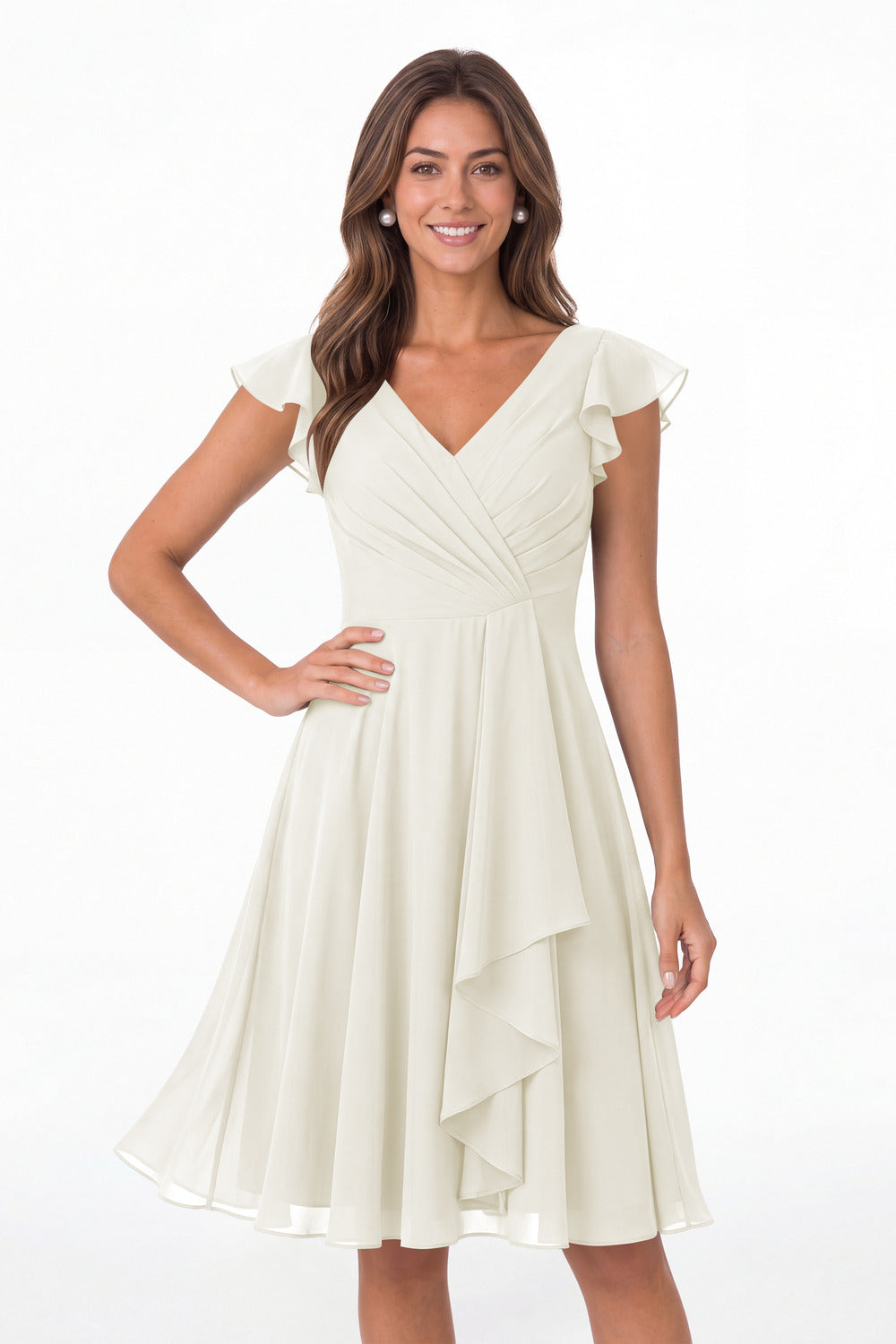 Ivory V Neck Flutter Sleeve Chiffon Short Bridesmaid Dress - Front View