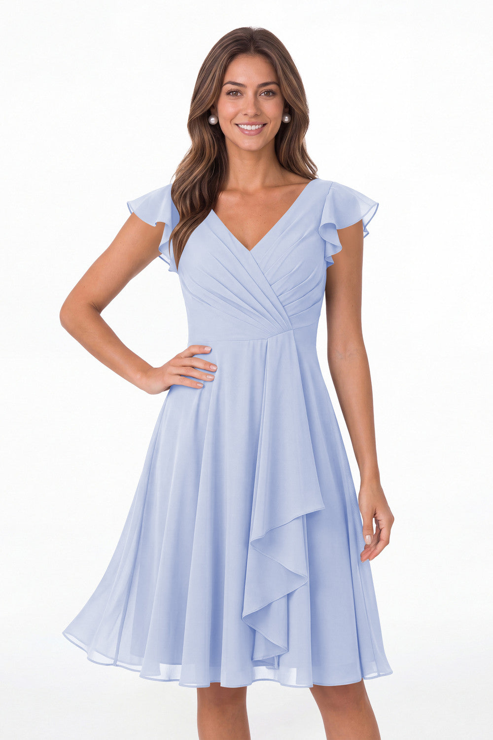 Lavender V Neck Flutter Sleeve Chiffon Short Bridesmaid Dress - Front View