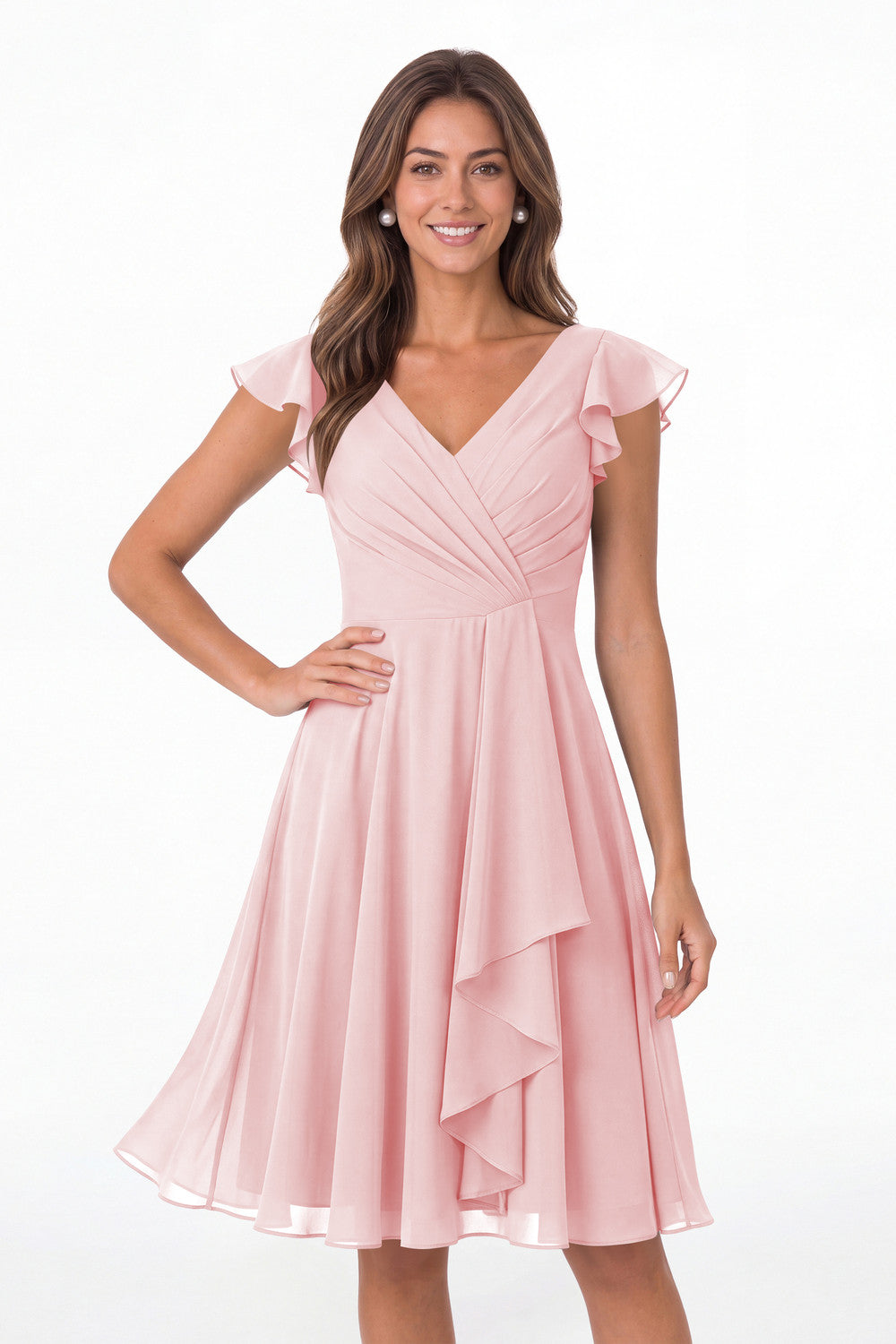 Light Pink V Neck Flutter Sleeve Chiffon Short Bridesmaid Dress - Front View