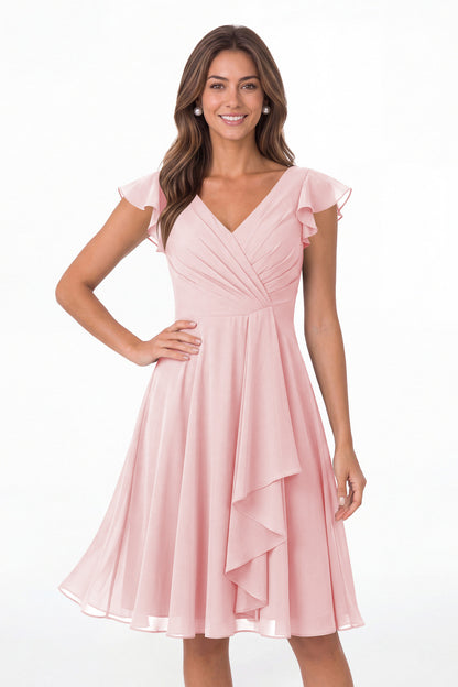 Light Pink V Neck Flutter Sleeve Chiffon Short Bridesmaid Dress - Front View