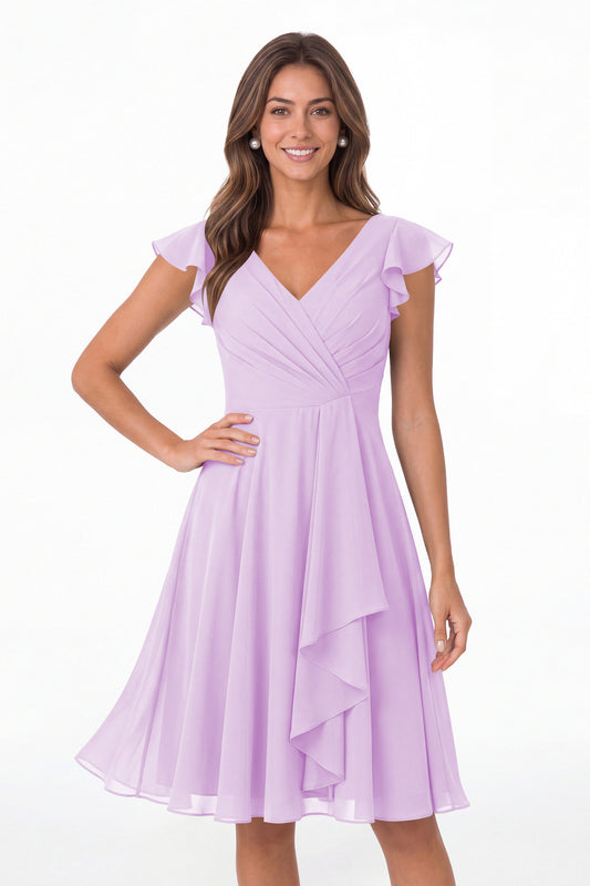 Lilac V Neck Flutter Sleeve Chiffon Short Bridesmaid Dress - Front View