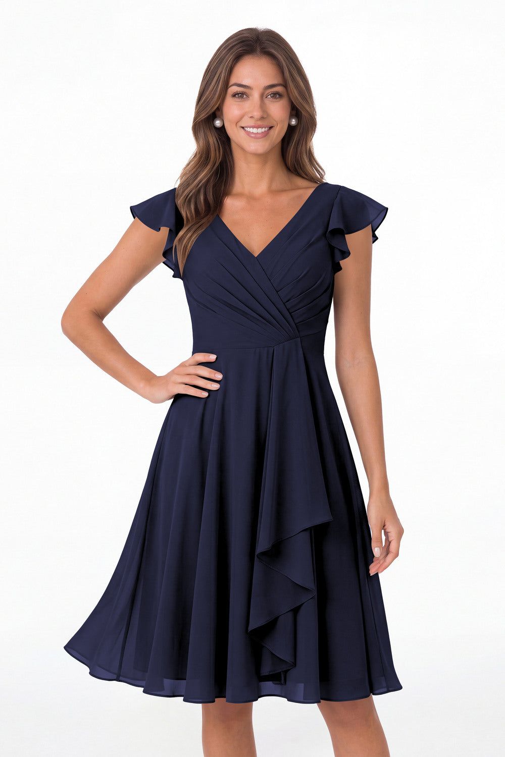 Navy Blue V Neck Flutter Sleeve Chiffon Short Bridesmaid Dress - Front View
