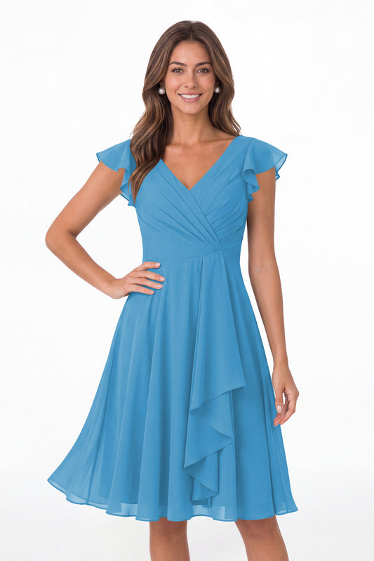 Ocean Blue V Neck Flutter Sleeve Chiffon Short Bridesmaid Dress - Front View