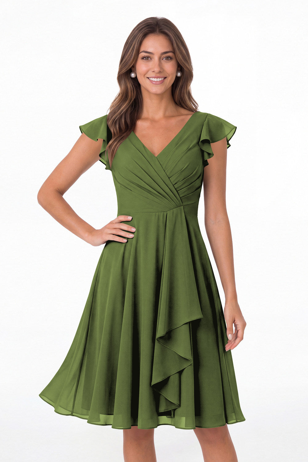 Olive Green V Neck Flutter Sleeve Chiffon Short Bridesmaid Dress - Front View