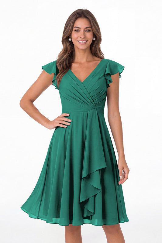 Peacock V Neck Flutter Sleeve Chiffon Short Bridesmaid Dress - Front View