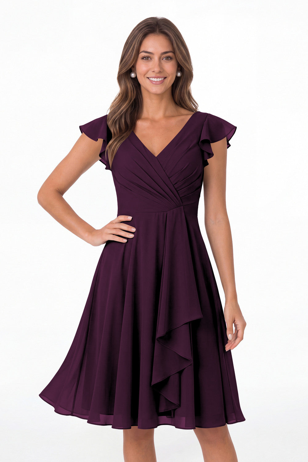 Plum V Neck Flutter Sleeve Chiffon Short Bridesmaid Dress - Front View