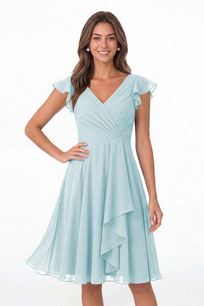 Powder Blue V Neck Flutter Sleeve Chiffon Short Bridesmaid Dress - Front View