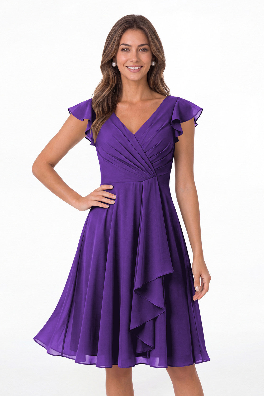 Purple V Neck Flutter Sleeve Chiffon Short Bridesmaid Dress - Front View
