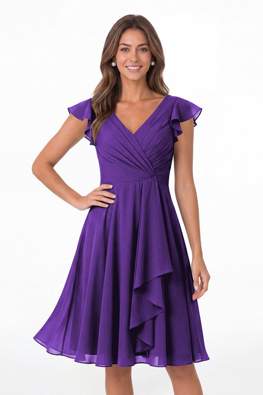 Purple V Neck Flutter Sleeve Chiffon Short Bridesmaid Dress - Front View