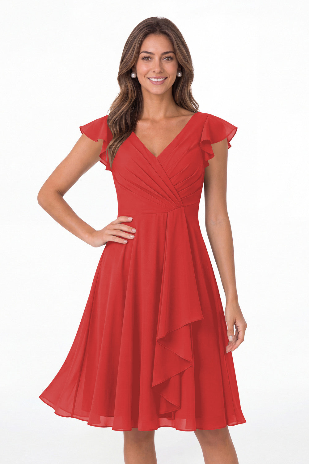 Red V Neck Flutter Sleeve Chiffon Short Bridesmaid Dress - Front View