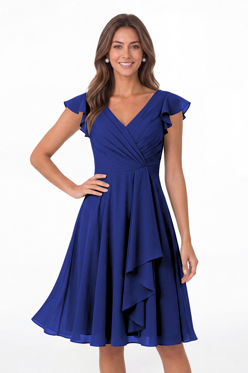 Royal Blue V Neck Flutter Sleeve Chiffon Short Bridesmaid Dress - Front View