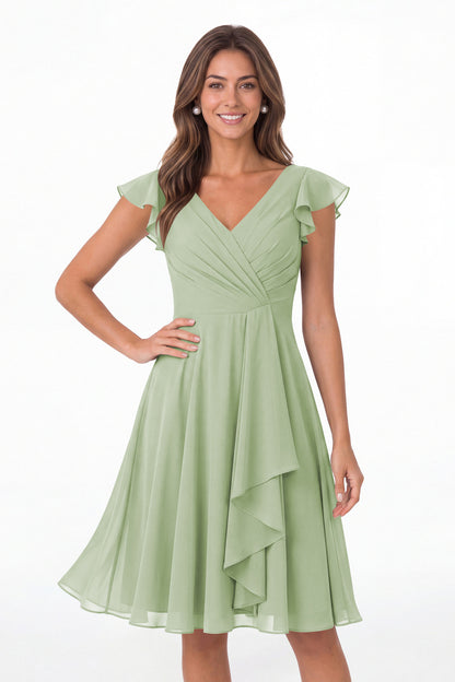 Sage Green V Neck Flutter Sleeve Chiffon Short Bridesmaid Dress - Front View