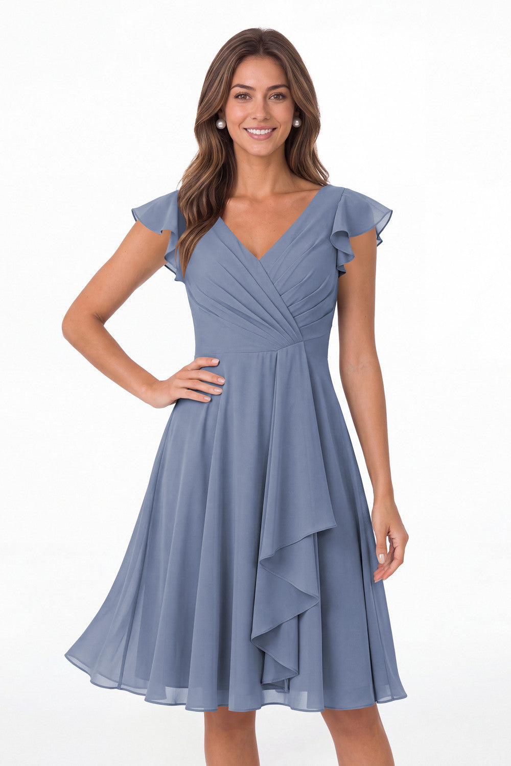 Steel Blue V Neck Flutter Sleeve Chiffon Short Bridesmaid Dress - Front View