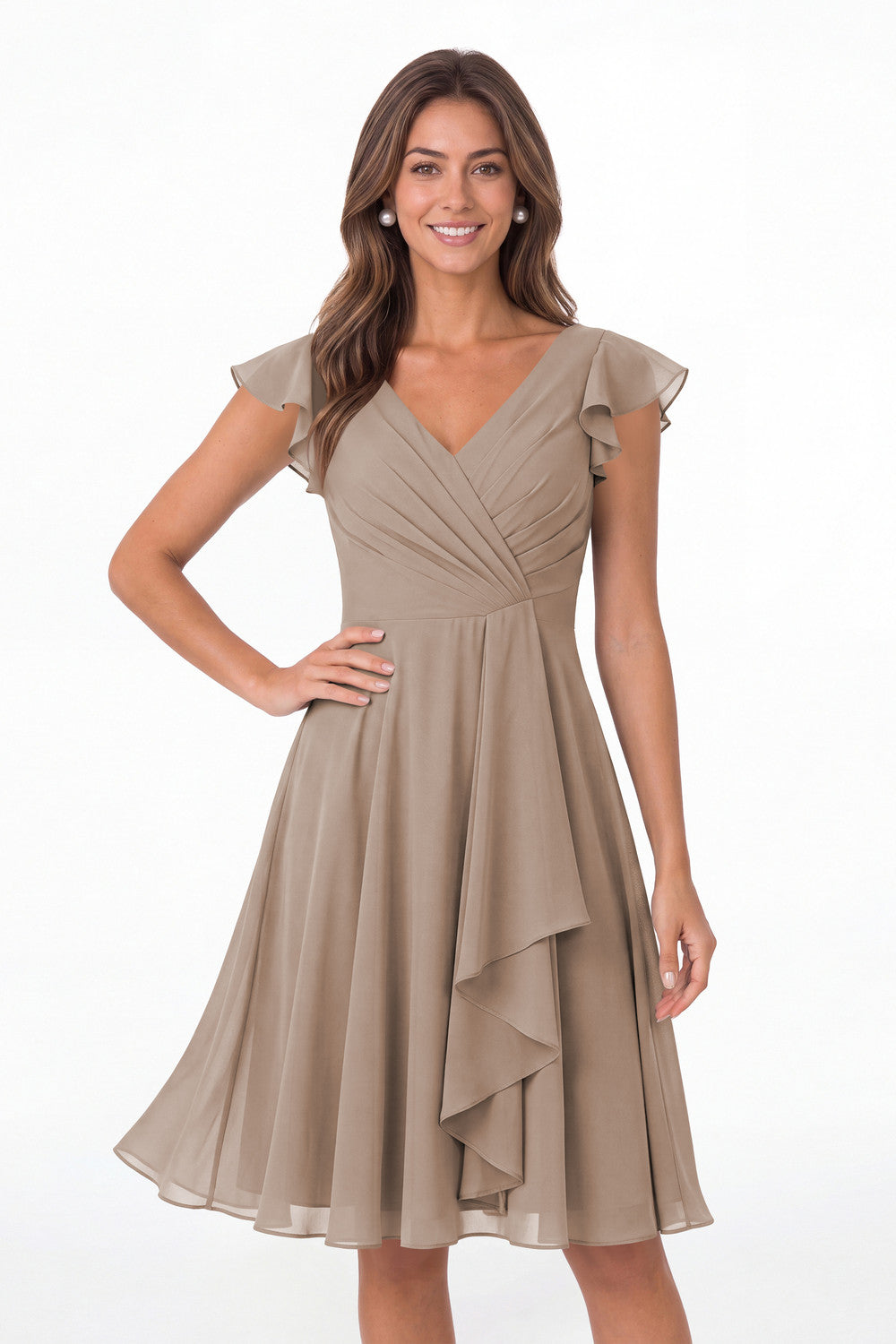 Taupe V Neck Flutter Sleeve Chiffon Short Bridesmaid Dress - Front View