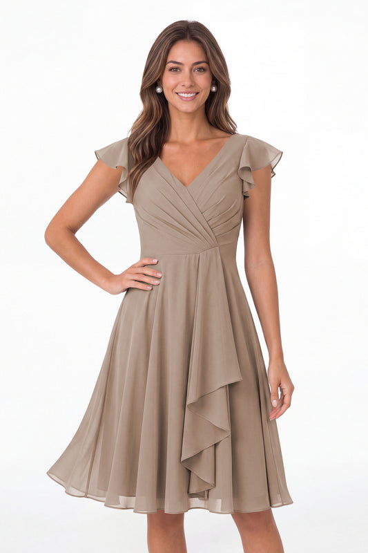 Taupe V Neck Flutter Sleeve Chiffon Short Bridesmaid Dress - Front View