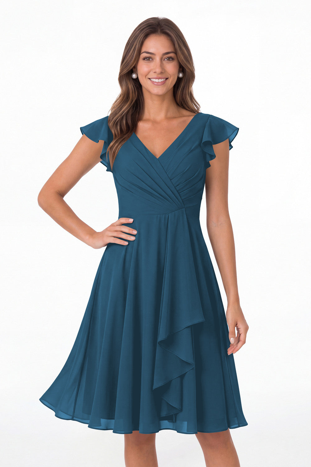 Teal V Neck Flutter Sleeve Chiffon Short Bridesmaid Dress - Front View