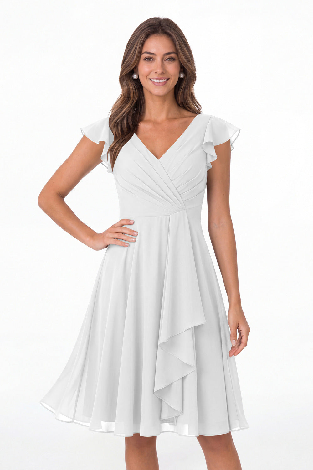 White V Neck Flutter Sleeve Chiffon Short Bridesmaid Dress - Front View