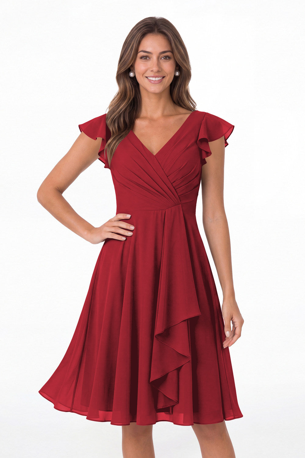 Wine Red V Neck Flutter Sleeve Chiffon Short Bridesmaid Dress - Front View