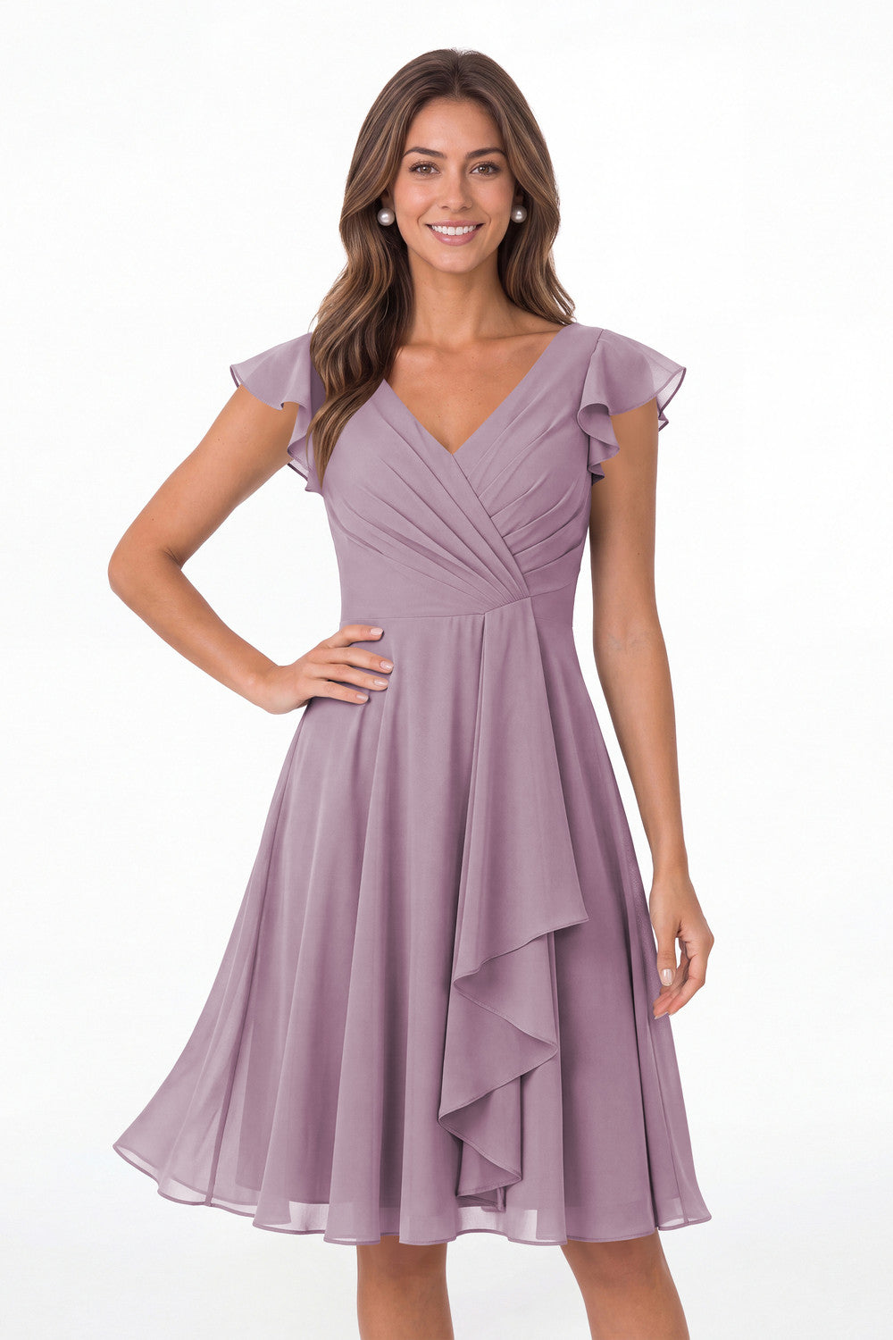 Wisteria V Neck Flutter Sleeve Chiffon Short Bridesmaid Dress - Front View