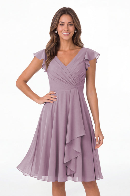 Wisteria V Neck Flutter Sleeve Chiffon Short Bridesmaid Dress - Front View